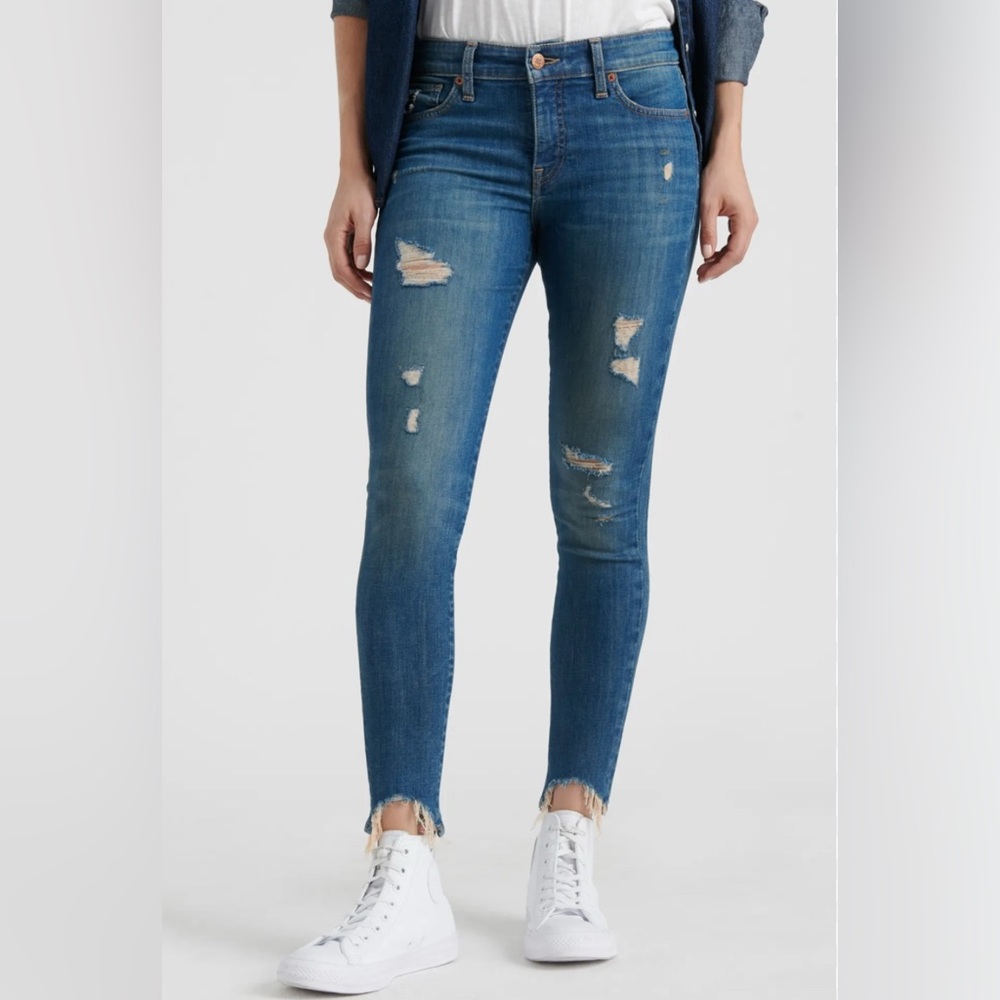 Lucky Brand Mid Rise Super Skinny Ava Distressed Dark Blue Jeans Womens 6/28 EUC